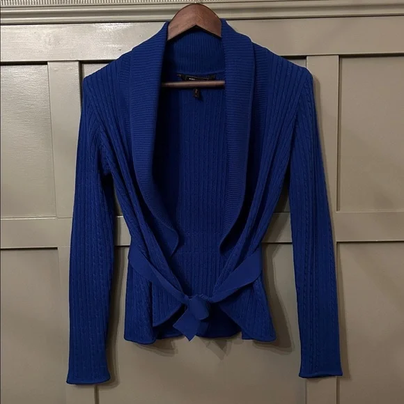 BCBGMaxAzria Cable Knit Cardigan Sweater Shawl Collar Tie Waist Blue Size Small - Picture 1 of 6